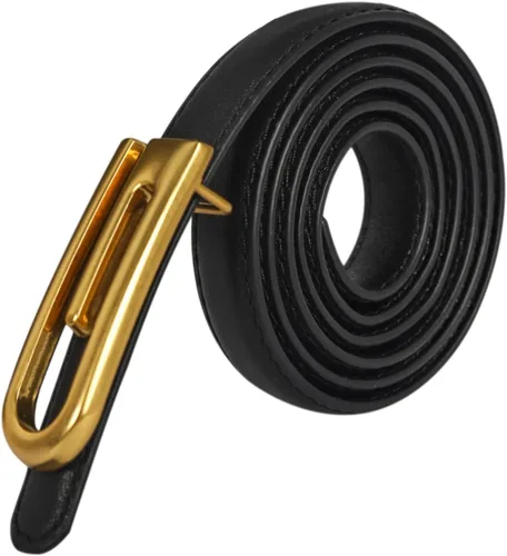 Vista 279 de Cinturón de cuero clásico con hebilla de metal para mujer con vestido de jeans