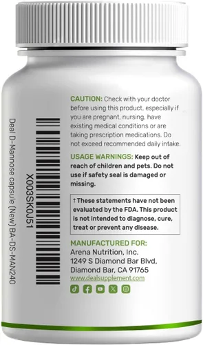 Vista 7 de DEAL SUPPLEMENT D Mannose 500mg Cápsulas (2,000 mg por porción), 240 pastillas vegetarianas – Forma soluble en agua de acción rápida – Apoyo