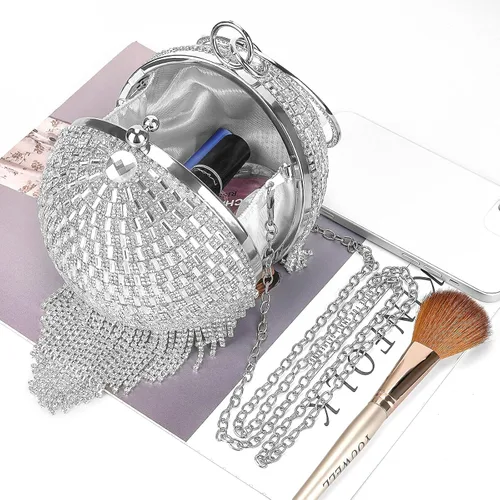 Vista 6 de Bolso de mano redondo para mujer pequeño bolso de noche de cristal deslumbrante borla de diamantes de imitación boda fiesta bolso cruzado con asa
