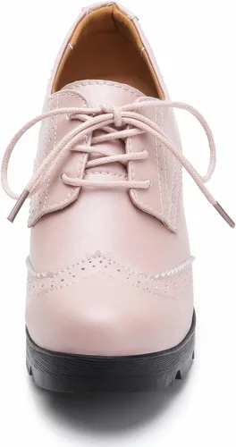 Vista 3 de DADAWEN - Zapatos clásicos de cuero para mujer, con cordones, de tacón medio cuadrado y grueso con plataforma y puntera, para pantalones oxford