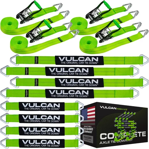 Vista 10 de VULCAN Kit completo de amarre de correa de eje con correas de trinquete de gancho a presión, amarillo clásico, incluye (4) correas de eje de 22