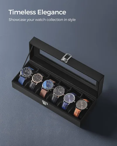 Vista 5 de SONGMICS Caja de reloj, caja de reloj de 6 ranuras con tapa de vidrio grande, almohadas extraíbles para reloj, organizador de caja de reloj, regalo