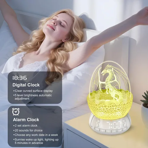 Vista 3 de Reloj Digital Huevo de Dragón de 2da Generación Despertador Ok para Despertar con Luz Nocturna / 20 Canciones de Cuna Ruido Blanco/Altavoz