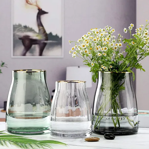 Vista 6 de VanEnjoy Florero de cristal gris simple transparente de 7 pulgadas, jarrón decorativo con borde dorado, decoración del hogar para centro de mesa