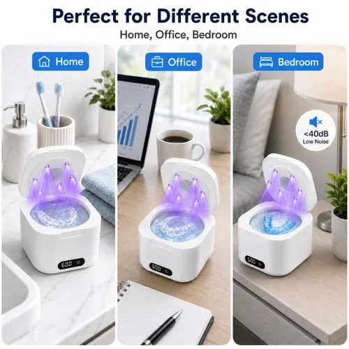 Vista 6 de Máquina limpiadora ultrasónica de retenedores con luz UV, limpiador dental de cápsulas de 49 kHz con temporizador digital, tanque de acero
