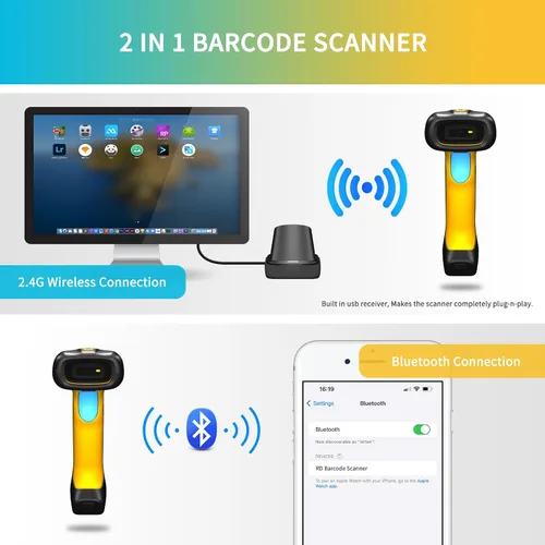 Vista 7 de NETUM Escáner de código de barras Bluetooth industrial QR, actualizado con base de carga, lector de código de barras inalámbrico 2D 1D 2600mAh
