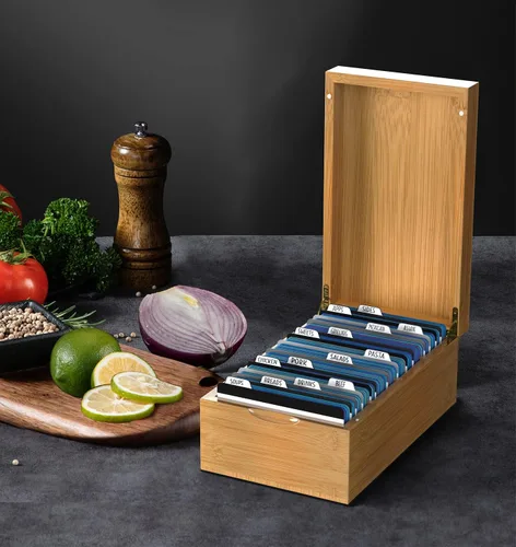 Vista 8 de Neando Portatarjetas de índice de bambú para tarjetas de 3 x 5 – Organizador de madera con tapa, 4 compartimentos, capacidad para 600 tarjetas