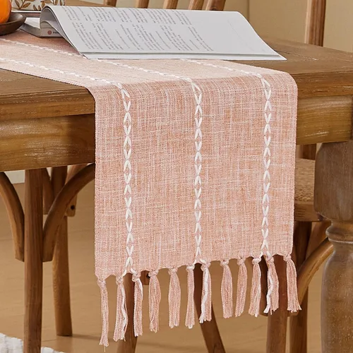 Vista 9 de Wracra Camino de mesa de lino rústico estilo granja, camino de mesa bordado de 36 pulgadas de largo con borlas a mano para fiestas, decoración