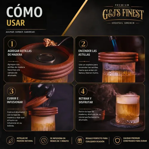 Vista 3 de Kit para ahumar whisky Kit para ahumar cócteles con antorcha, protector térmico, tapa, 6 astillas de madera y caja de regalo para cócteles a