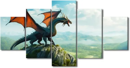 Vista 39 de Lienzo decorativo para pared de sala de estar, lienzo de dragón, 5 paneles, dragón verde, decoración de pared para el hogar, decoración de pared