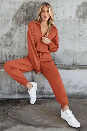 Vista 80 de PRETTYGARDEN Conjunto de suéter de 2 piezas para mujer, sudadera con cremallera, pantalones deportivos, ropa casual