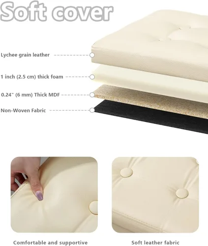 Vista 5 de Bsketa Otomana de Almacenamiento, Taburete Plegable con Asiento Acolchado de Espuma Más Gruesa, Otomana Pequeña de Cuero para Almacenamiento, Banco