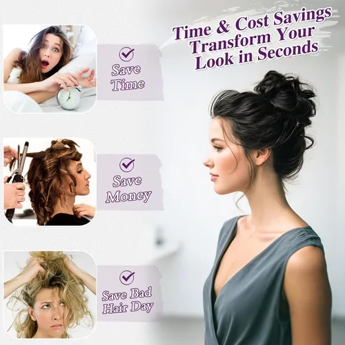 Vista 4 de BARSDAR 2 piezas de cabello de moño desordenado de color negro natural + extensión de moño de cabello lacio
