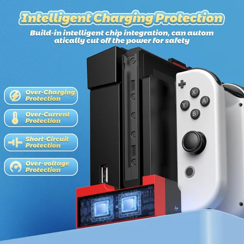 Vista 6 de FastSnail Cargador compatible con Nintendo Switch para Joy con, base de estación de carga y soporte de almacenamiento para tarjetas de juego con 28