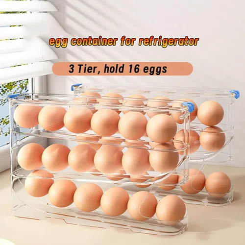 Vista 5 de Recipiente para huevos para refrigerador transparente apilable para almacenamiento y organización de cocina (marrón oscuro, 3 niveles)