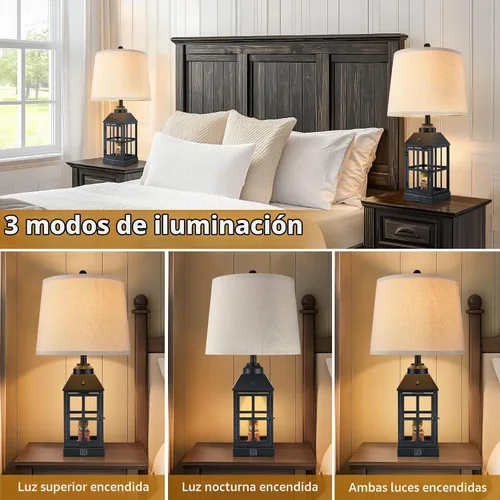 Vista 3 de Lámparas de mesa estilo granja de 25" para sala de estar, juego de 2 lámparas negras con puerto USB y luz nocturna, lámpara de mesa rústica