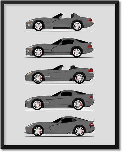 Vista 13 de Custom Car Posters Póster hecho a mano compatible con Dodge Viper Generations e impresión de Viper R/T GTS SRT10, color rojo con rayas blancas, 3.