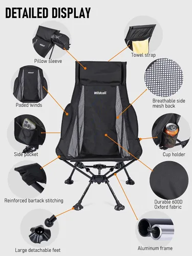 Vista 10 de WildCall Silla de camping plegable ligera, silla antihundimiento, respaldo