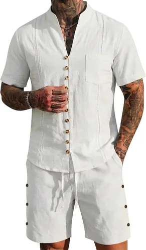 Vista 5 de RTRDE Men's 2 Piece Outfits Cuban Guayabera Short Sleeve Shirts and Summer Beach Vacation Sets, S-3XL