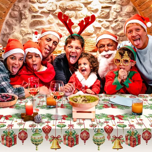 Vista 5 de Frienda Paquete de 3 manteles de plástico para Navidad, mantel de Navidad desechable rectangular para decoración de fiesta de Navidad, suministros