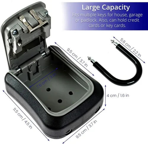 Vista 5 de Caja para llaves con código, caja de seguridad portátil con grillete, cerradura de combinación de 4 dígitos, caja de bloqueo de llave resistente a