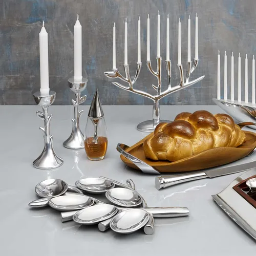 Vista 6 de nambe Candelabros de sábado del árbol de la vida, portavelas de metal de 8 pulgadas, portavelas decorativos modernos para mesa o mantel de Shabat
