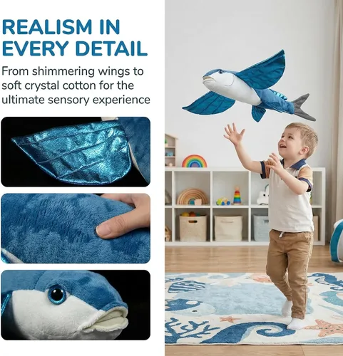 Vista 6 de Animales de peluche realistas de pez volador, simulación de 18.5 pulgadas, juguete de peluche de pez volador realista azul, modelo de criaturas