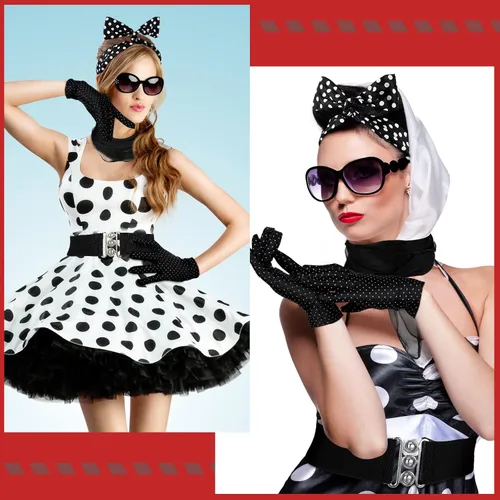 Vista 6 de Newcotte 7 piezas de accesorios de disfraz de los años 50 para mujer, bufanda, lunares, ojo de gato, bandana, diadema, aretes, guantes, cintura