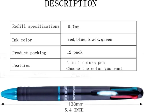Vista 3 de Paquete de 12 bolígrafos retráctiles multicolor de 0.028 in, tinta de 4 colores (negro, azul, rojo, verde) en un bolígrafo para una escritura suave