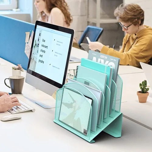 Vista 7 de Delifox Organizador de escritorio inclinado, soporte de archivos de 5 secciones con bandeja vertical para carpetas, estante de metal clasificador