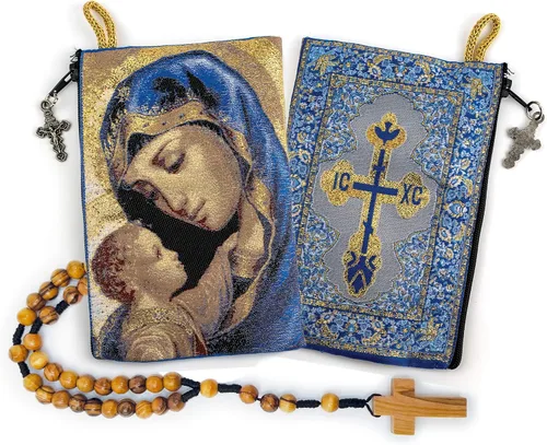 Vista 14 de Bolsa de rosario con cuerda católica de madera de olivo, rosario de Israel, Jesús Rey del Universo y creo en Dios, tela tejida, estilo tapiz, bolsa