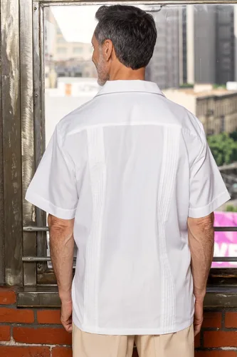Vista 5 de Camisa de guayabera para hombre, cuatro bolsillos, manga corta, clásica, para vacaciones, boda, bordado, Pintuck, camisa relajada