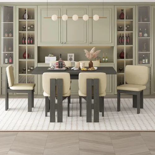 Vista 6 de Merax Juego de comedor retro de 7 piezas para 6, mesa rectangular de madera de goma con base de caballete diseñada y 6 sillas tapizadas para comedor