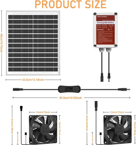 Vista 7 de Kit de ventilador solar con batería, ventilador de energía solar para cobertizo e invernadero, para refrigeración de ventilación de entrada o escape