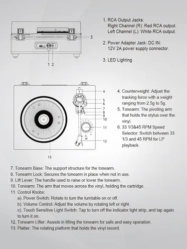 Vista 8 de Tocadiscos con altavoces integrados Bluetooth 5.3, tocadiscos de 2 velocidades para discos de vinilo, tocadiscos de alta fidelidad con cartucho