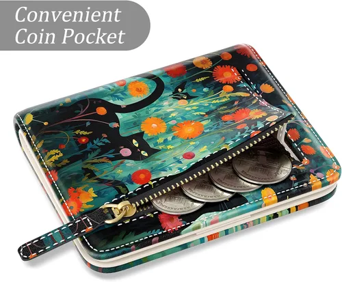 Vista 4 de Billetera de cuero genuino de lujo para mujer con bloqueo RFID, compacta, plegable, con ventana para identificación, Gato negro, Moderno