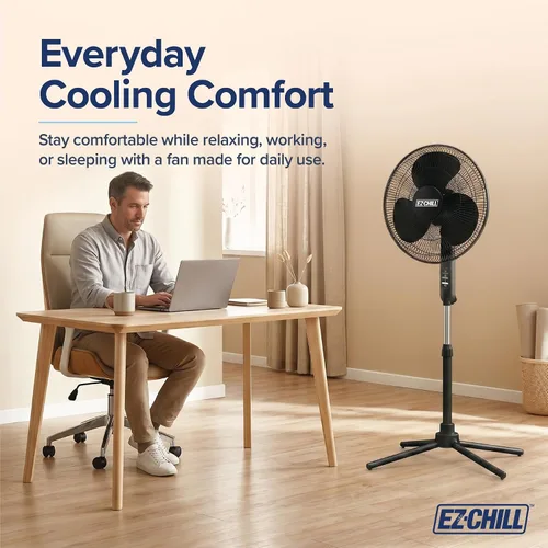 Vista 3 de EZ-Chill Ventilador de pie oscilante de 16 pulgadas, opciones de 3 velocidades, cabezal oscilante de 90 grados, altura y inclinación ajustables