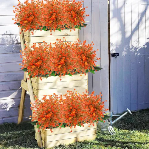 Vista 3 de Uieke 24 flores artificiales de otoño para exteriores, resistentes a los rayos UV, plantas de otoño sintéticas, arbustos que no se decoloran, Naranja