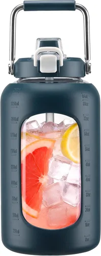 Vista 14 de WINSA - Botella de agua de vidrio de 84 onzas con pajita, 2.5 litros, ámbar Botella de beber de galón, con asa, funda de silicona para deportes