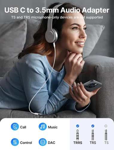 Vista 2 de Adaptador USB tipo C a conector de auriculares hembra de 3.5mm, cable JSAUX USB C a auxiliar de audio compatible con iPhone 15 Pro Max/15 Pro/15