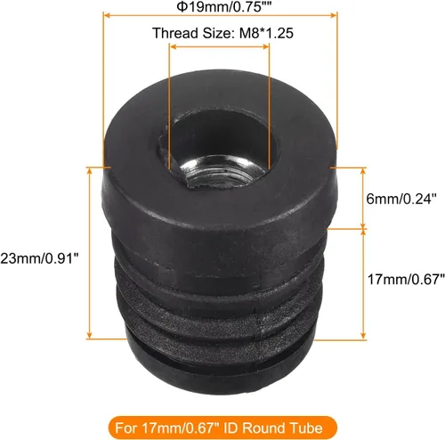 Vista 2 de uxcell 8 piezas de insertos para tubos redondos con rosca M8, para tubo redondo de 0.748 in/0.75 pulgadas, tapón redondo de plástico negro