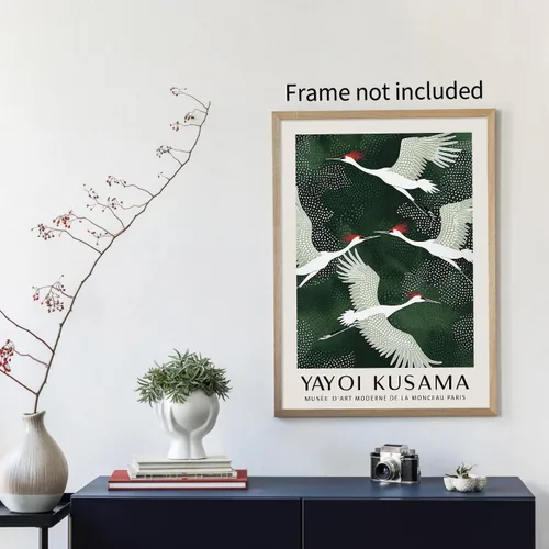 Vista 6 de Heltrappe Yayoi Kusama - Póster de grúas blancas voladoras japonesas, moderno, vintage, estampado de pájaros verdes para sala de estar, dormitorio