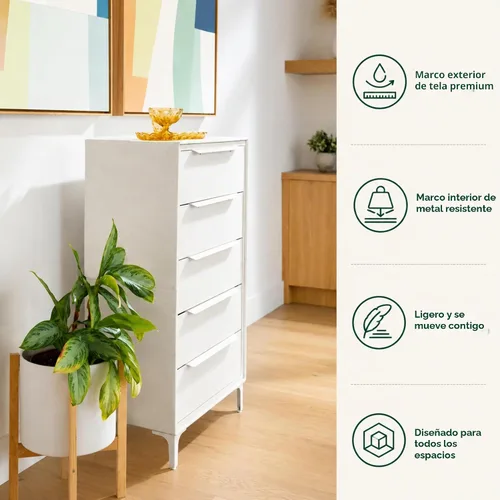 Vista 7 de Naima - Cómoda de tela premium - Marco de metal resistente, 5 cajones espaciosos a prueba de hundimiento con elegantes asas de metal - Solución