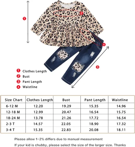 Vista 6 de NZRVAWS Ropa para bebé niña pequeña, conjunto de pantalones de mezclilla rasgados con volantes florales de leopardo para niña 0-4T
