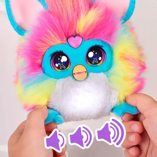 Vista 5 de FURBY Juguete Interactivo DJ, Peluche Electrónico Súper Suave Arcoíris con Música, Luces, Movimiento y Juegos, Habla Inglés y Furbish, 32 Pulgadas