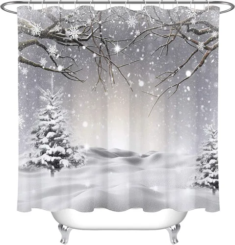 Vista 8 de LB Cortina de ducha de invierno con copos de nieve, cubierta de pino, rama de árbol de nieve, cortina de baño con ganchos, 57 x 72 pulgadas, tela