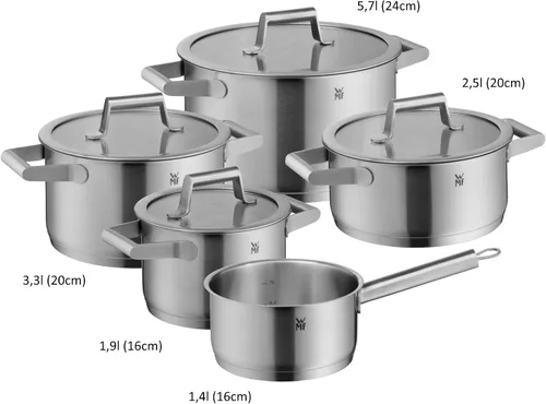 Vista 3 de WMF Comfort Line Advantage - Juego de cacerolas de inducción de 5 piezas con tapa de vidrio, acero inoxidable mate Cromargan, escala, apilable, sin