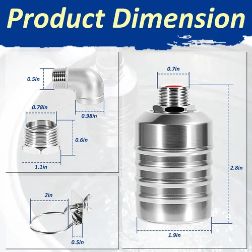 Vista 7 de 2PCS Water Float Valve, 1/2" to 3/4'' Water Level Control Float Valve, 304 Stainless Steel Automatic Water Shut off Valve, with Straight & Elbow