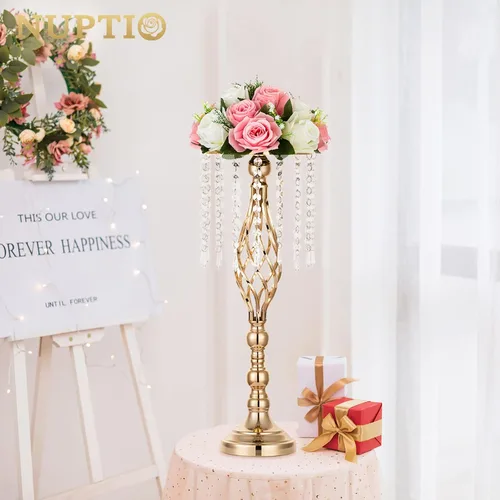Vista 8 de Nuptio 2 piezas de soporte de flores de cristal para mesas, 21.7 pulgadas de alto, elegante soporte de metal para arreglos florales, florero