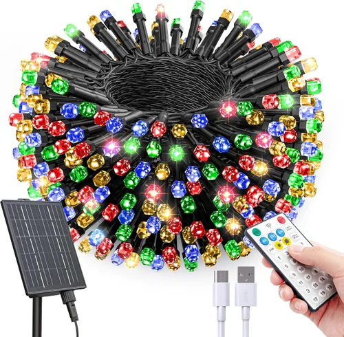 Vista 10 de SOLARBABY Luces solares de Navidad al aire libre, cadena de luces de 142 pies con 400 LED de blanco cálido para exteriores con control remoto, 19